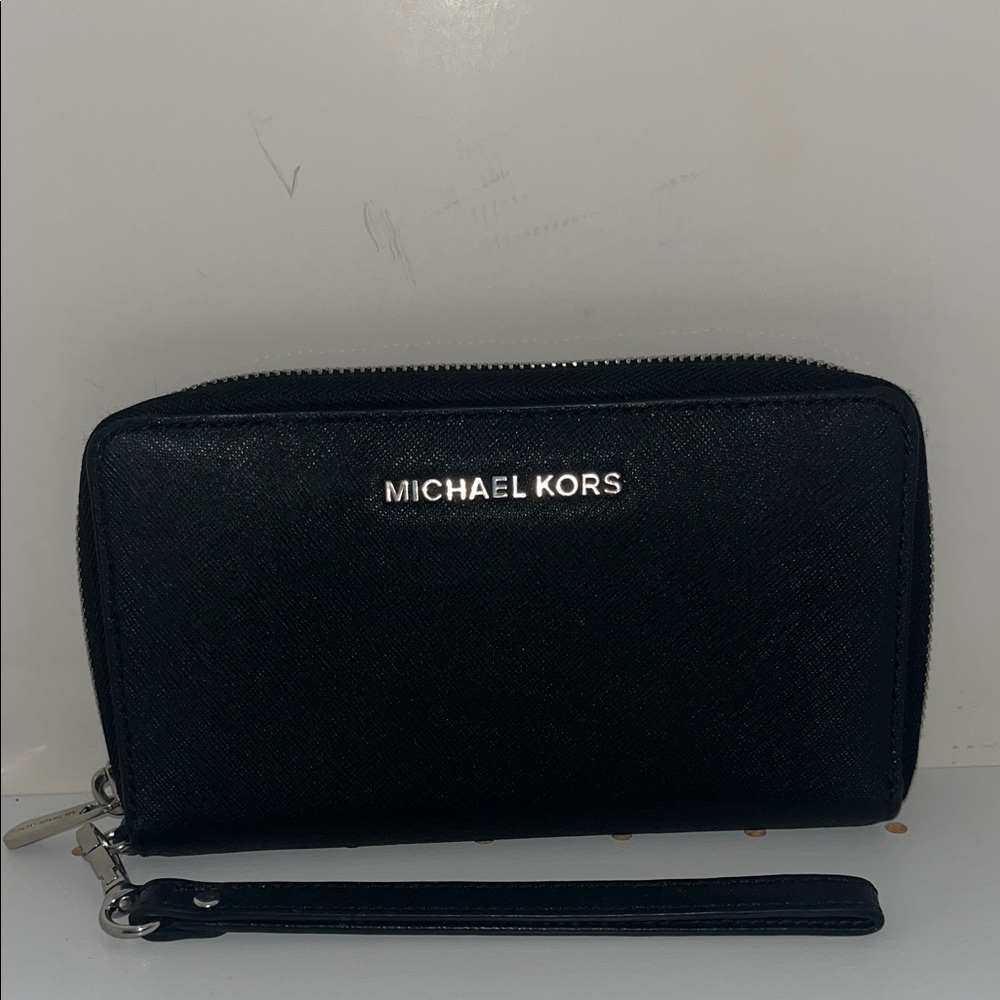 Michael Kors Black Zip-Around Wristlet Wallet with Silver Logo